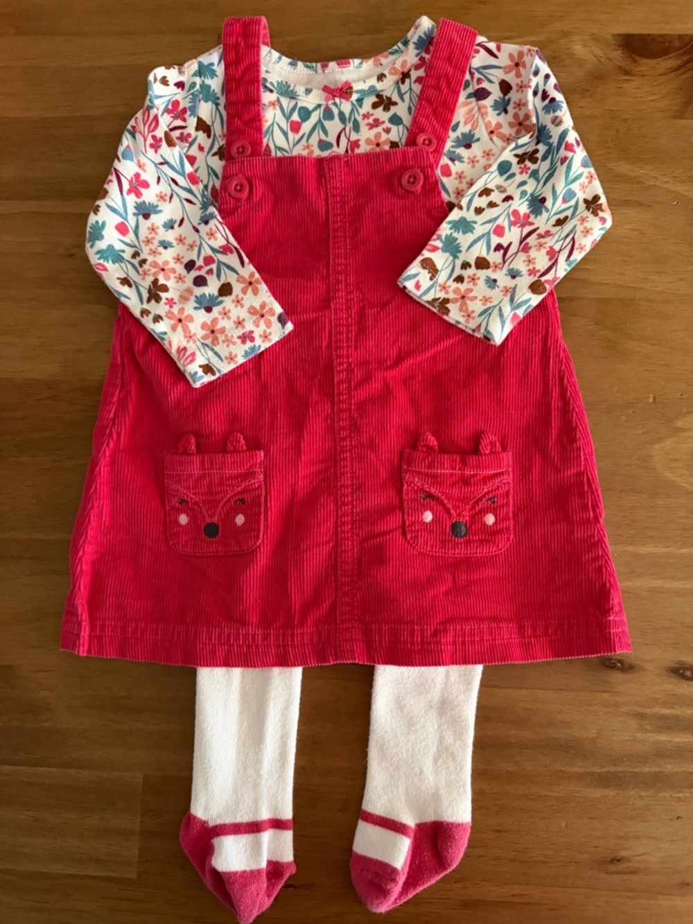 Carter's Bright Pink Corduroy Overall Dress with Floral Tee and White Tights